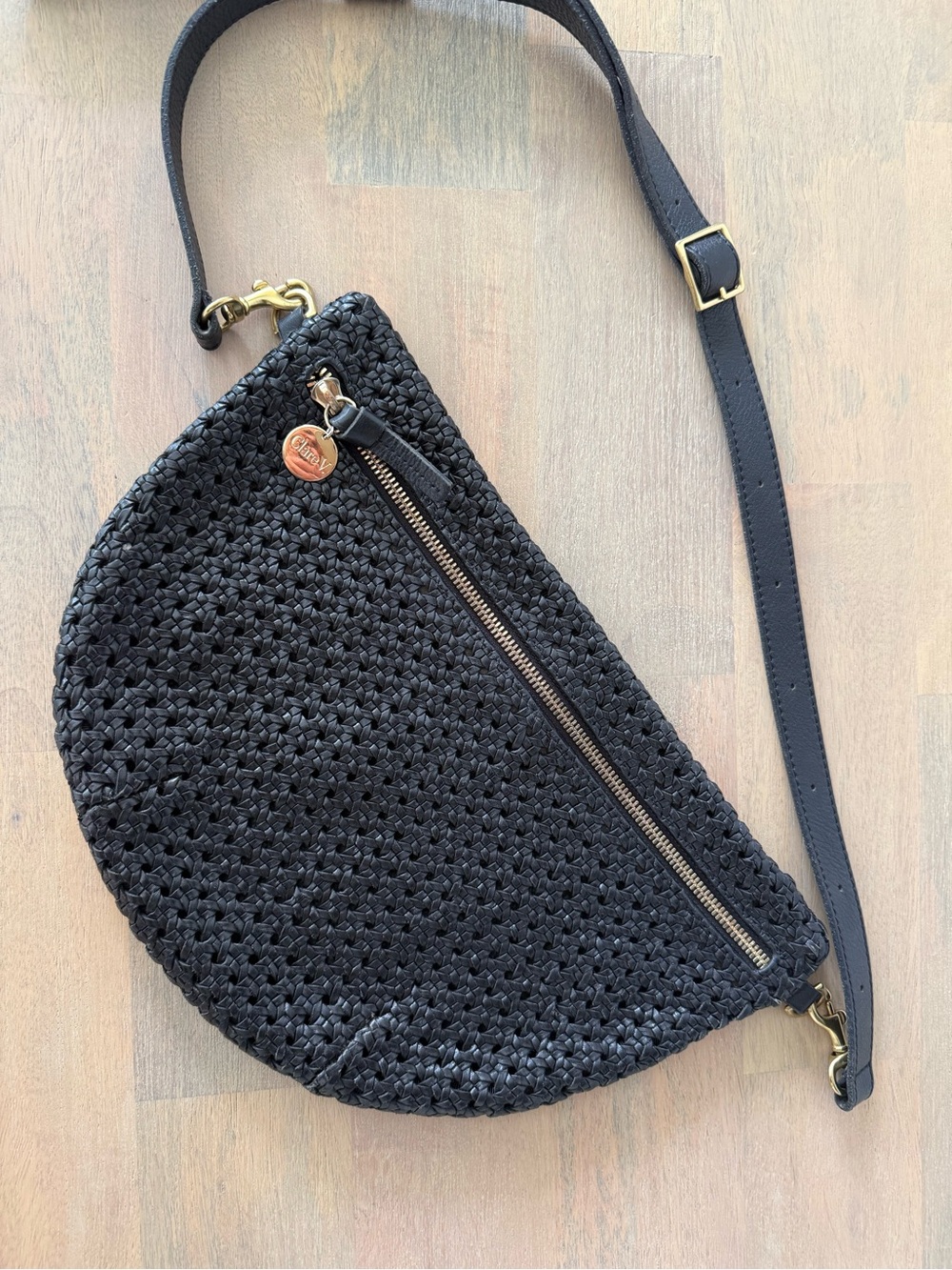 Woven Black Crossbody Sling Bag with Gold Hardware